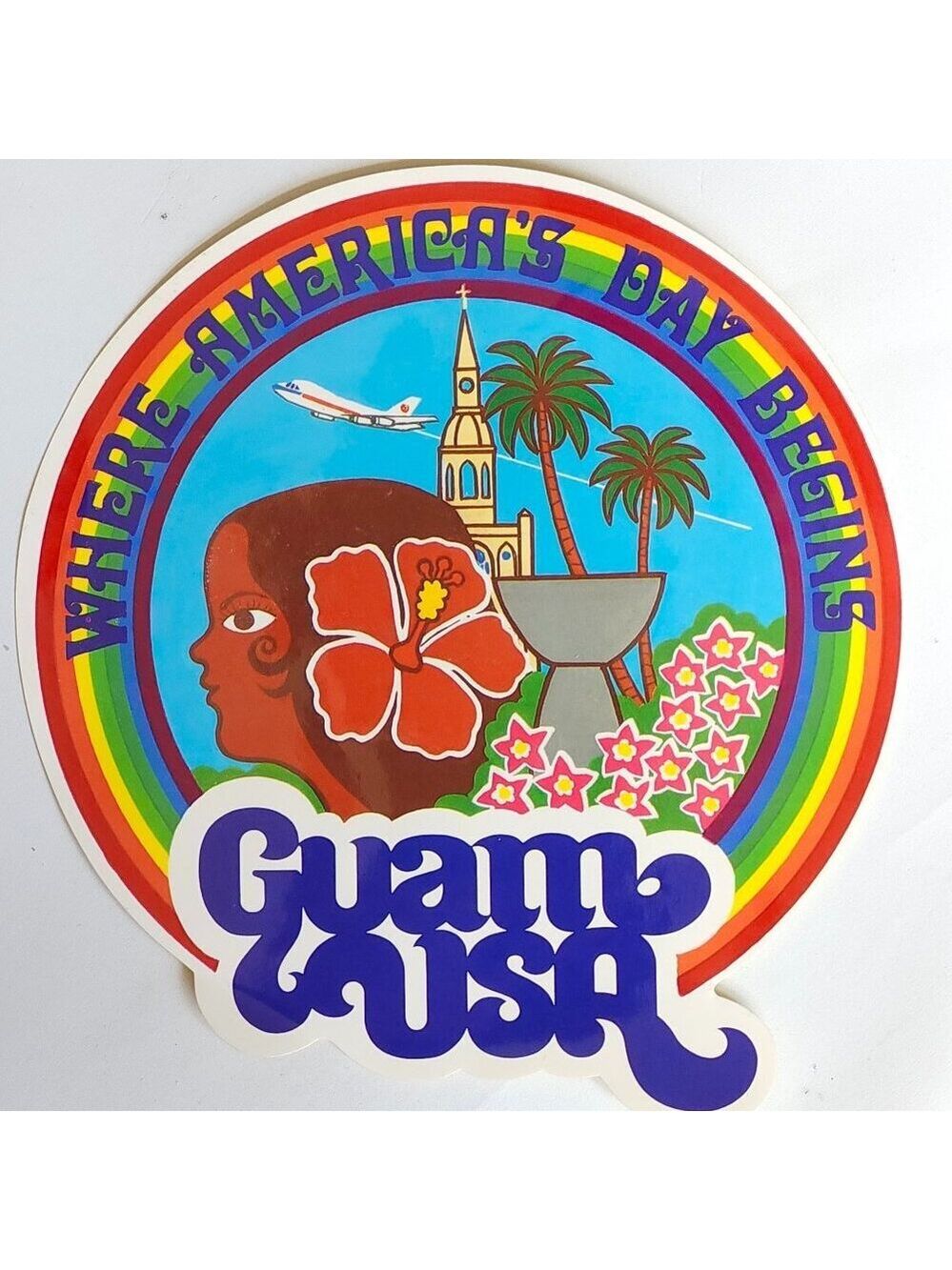 TROPICAL GUAM USA Bumper Sticker "Where America's Day Begins" Island Travel NEW
